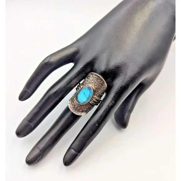 PTI India Sterling Silver 925 Labradorite Saddle Style Cocktail Ring Sz 7